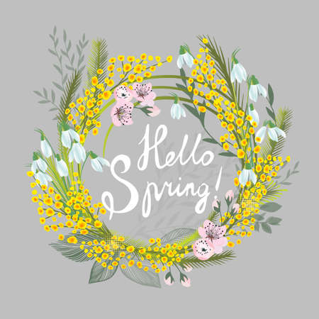 Postcard March 8. Mimosa branches. Hello Spring. Vector illustrationのイラスト素材