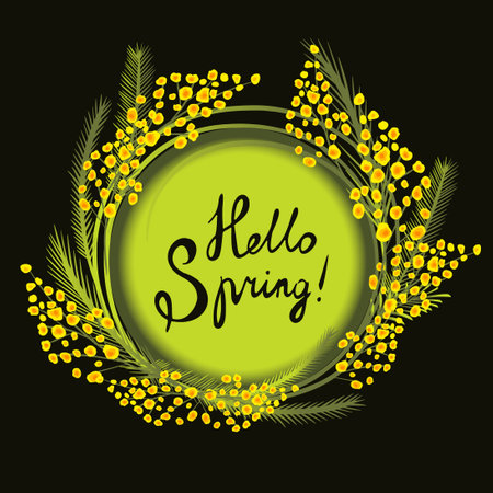 Postcard March 8. Mimosa branches. Hello Spring. Vector illustrationのイラスト素材