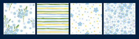 Set of floral backgrounds with small flowers. Blue forget-me-nots. Vector illustrationのイラスト素材
