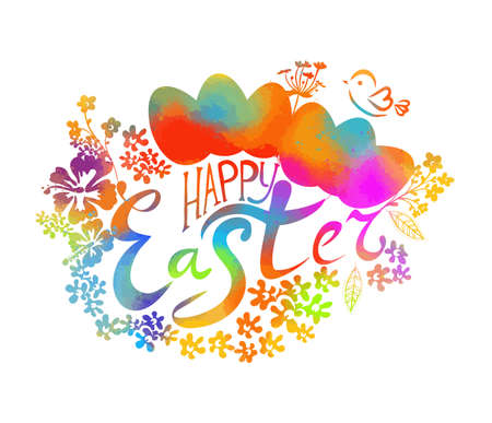 Happy Easter text. Multi-colored postcard. Mixed media. Vector illustrationのイラスト素材
