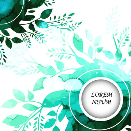 Delicate green background with flowers. Round frame with plants. Vector illustrationのイラスト素材