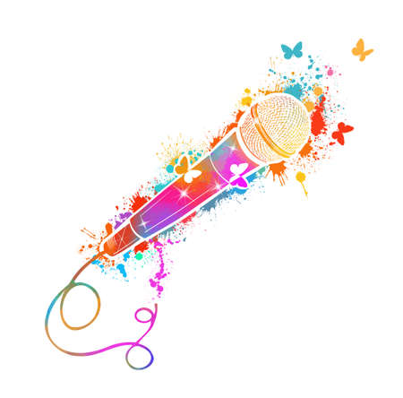 Multicolored microphone with butterflies and notes. Cartoon vector icon isolated on white background mic. Vector illustrationのイラスト素材