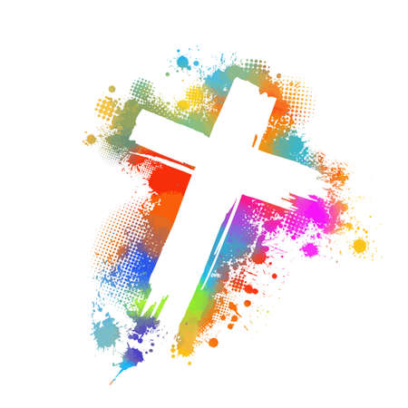 Multi-colored cross. Cross made of rainbow blots. Happy easter. Vector illustrationのイラスト素材