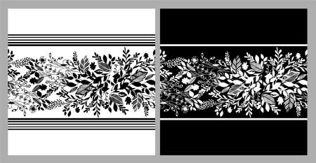 Monochrome floral graceful horizontal abstraction. Seamless line pattern. Dark and light background. Vector illustrationのイラスト素材