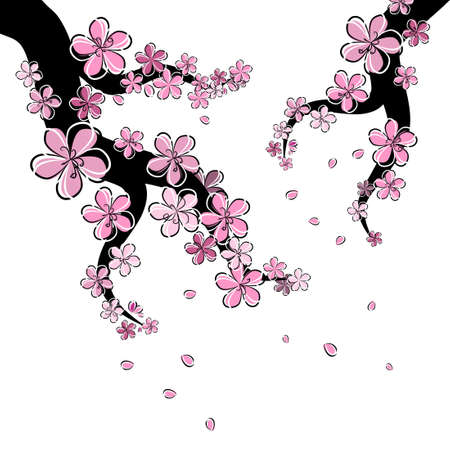A branch of sakura with falling petals. Vector illustrationのイラスト素材