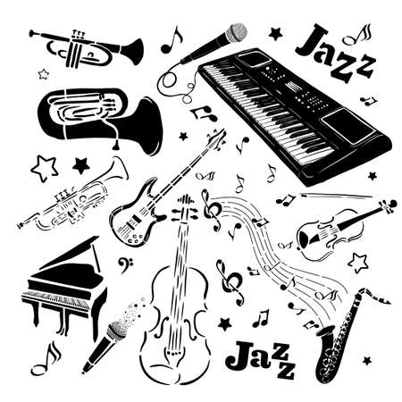 Monochrome background with musical instruments. Vector illustrationのイラスト素材