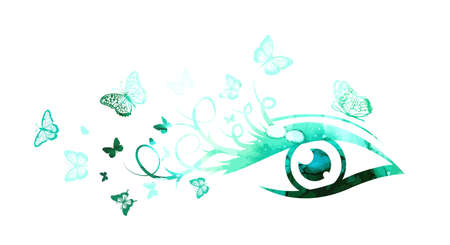 Logo is a beautiful female eye. Lashes with butterflies. multicolored eye symbol. Mixed media. Vector illustrationのイラスト素材