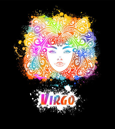 Sign of the virgo zodiac. The colorful face of a beautiful girl. T-shirt printing. Mixed media. Vector illustrationのイラスト素材
