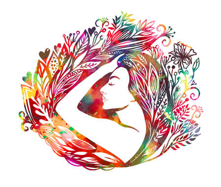 Profile of a multicolored and beautiful girl in flowers and leaves. Mixed media. Picturesque drawing. Vector illustrationのイラスト素材