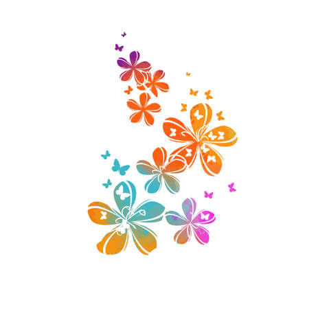 Abstraction with colorful cute simple flowers and butterflies. Vector illustrationのイラスト素材