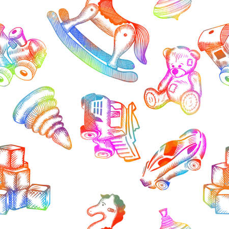 The seamless background of children colorful toys is drawn with a pen. Vector illustrationの写真素材