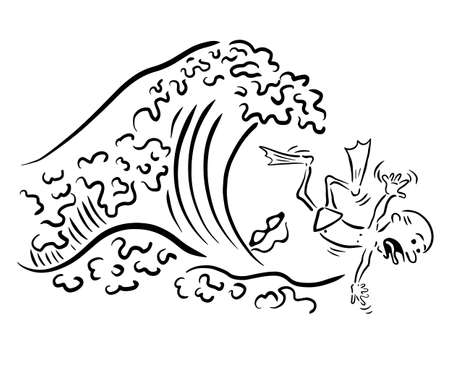 Caution at sea. Wave and swimmer. Vector illustrationのイラスト素材