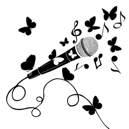 Mic vector icon. Microphone with butterflies and notes. Vocal abstraction. Vector illustrationのイラスト素材