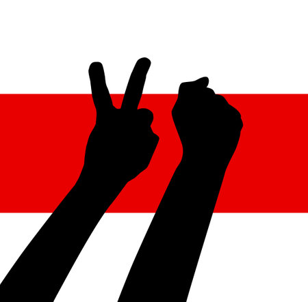 Hands up elections. Belarus. White red white flag. Freedom. Vector illustrationのイラスト素材
