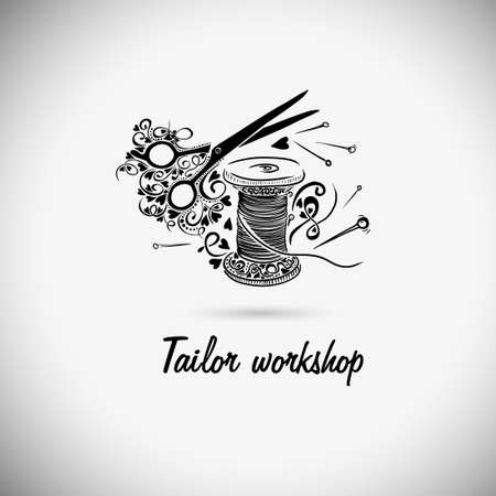 Spool with threads and sewing button. Doodle styleのイラスト素材