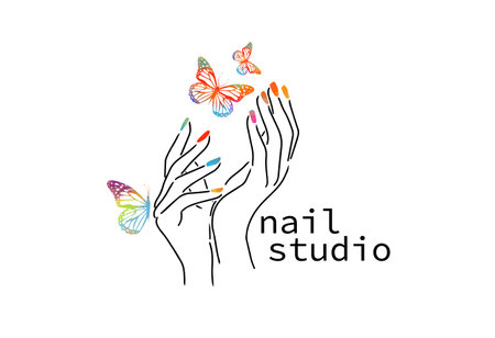 Beautiful female hands. Nail studio. Nail polish logo. Mixed media. Multicolored butterflies. vector illustrationのイラスト素材