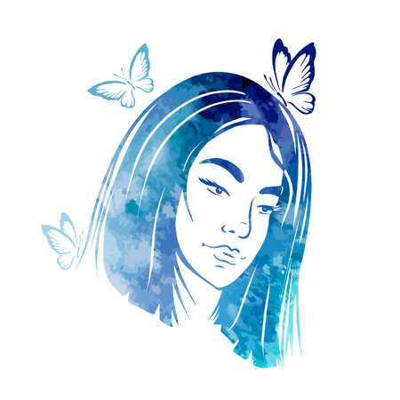 The face of a very beautiful girl With butterflies . Mixed media. blue vector illustrationのイラスト素材