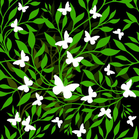 seamless background green twigs and leaves with white butterflies. Vector illustrationのイラスト素材