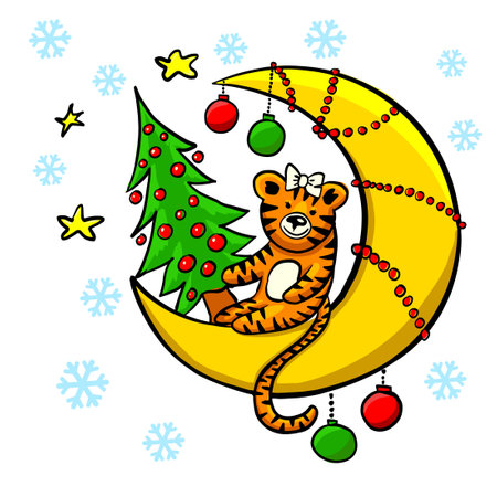 A cheerful tiger family. Christmas card. Tiger with a Christmas tree. Family look. Cute little tiger girl. Vector illustrationのイラスト素材