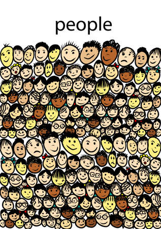 Many cute cheerful faces of children. Childrens drawing. Vector illustrationのイラスト素材