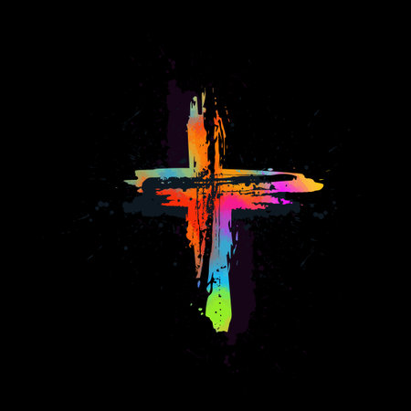 Multi-colored cross. Cross made of rainbow blots. Happy easter. Vector illustrationのイラスト素材