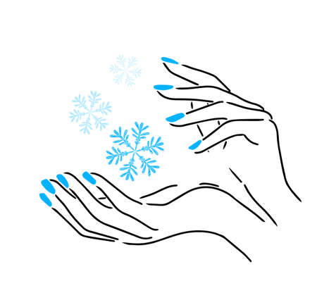 Beautiful female hands. Nail studio. Nail polish . blue snowflakes . vector illustrationのイラスト素材