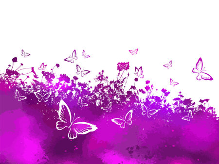 Floral background with butterflies. Pink-purple Herbal summer background with flowers. Vector illustrationのイラスト素材