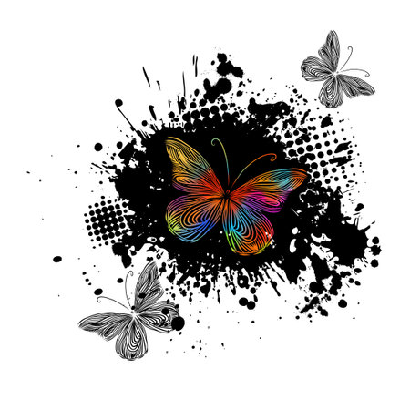 Abstraction multicolored butterflies. Paint spots. T-shirt print. Vector illustrationのイラスト素材