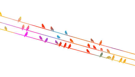 Multicolored Birds on wires. Vector illustrationのイラスト素材