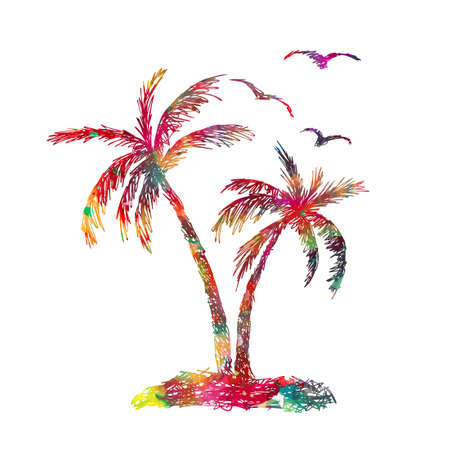 multicolored Palm trees, sun and seagulls. Vector illustrationのイラスト素材