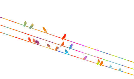 Multicolored Birds on wires. Vector illustrationのイラスト素材