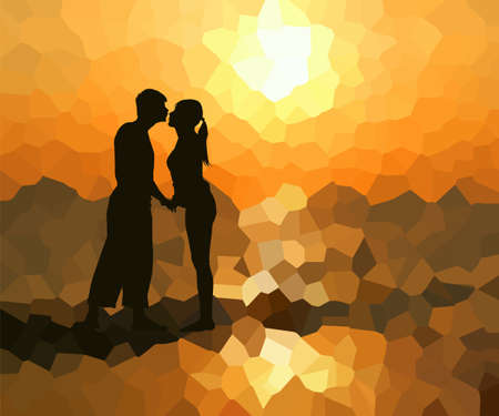 A couple of lovers kiss at sunset. Happy Valentines Day. Vector illustration