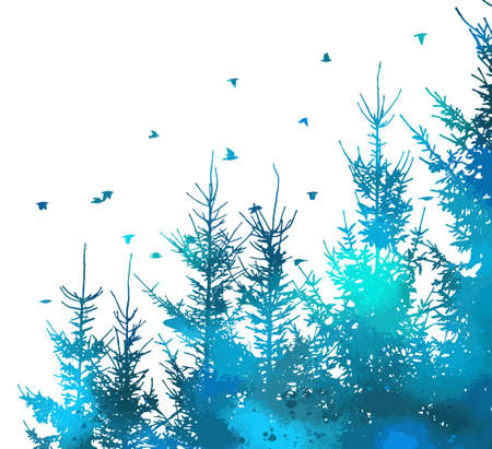 A flock of flying blue birds and a fir forest. Vector illustrationのイラスト素材
