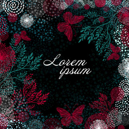 Hand drawn branches and leaves of tropical plants and butterflies . One sided tropic background with space for text. Vector illustrationのイラスト素材