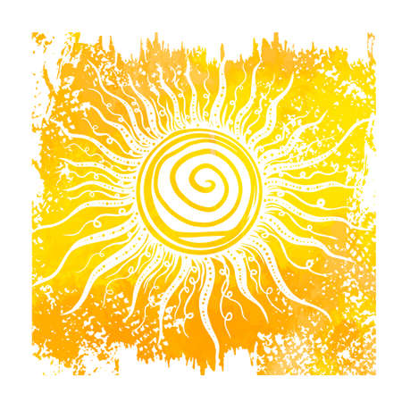 White sun on a yellow background. Hello summer. Vector illustrationのイラスト素材
