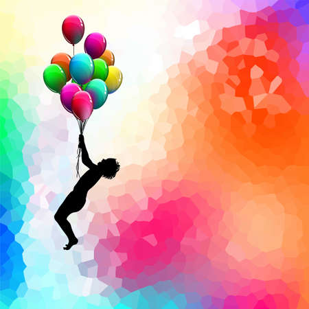 Happy birthday. Balloons on a beautiful background. The boy flies on balloons. Vector illustrationのイラスト素材