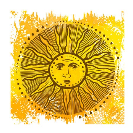 Vintage sun on a yellow background. Hello summer. Vector illustrationのイラスト素材