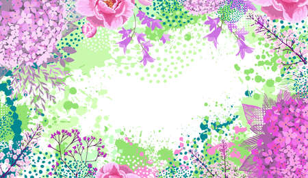 Frame made of beautiful flowers. Horizontal floral card. Vector illustrationのイラスト素材