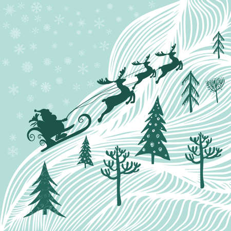Vector illustration of Santa sleigh flying over snowy north woodsのイラスト素材