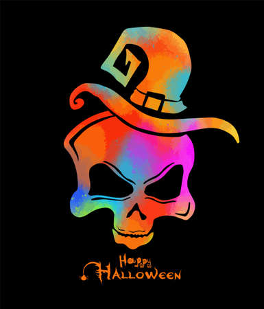 Skull of a witch in a multicolored hat. Happy Halloween. Vector illustrationのイラスト素材