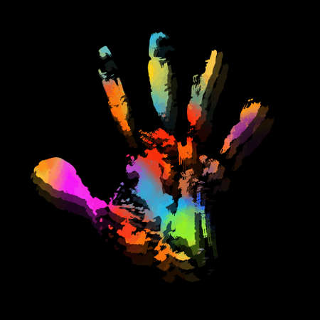 Multi-colored handprint. Vector illustration on black backgroundのイラスト素材