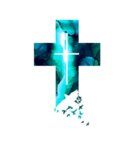 A blue cross of flying birds. Vector illustrationのイラスト素材
