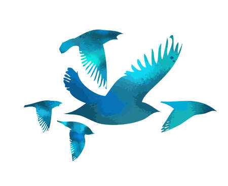 A flock of flying blue birds. Free birds. Vector illustrationのイラスト素材