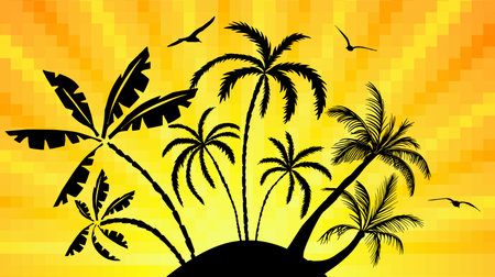 A radiant backdrop with palm trees and seagulls. Vector illustrationのイラスト素材