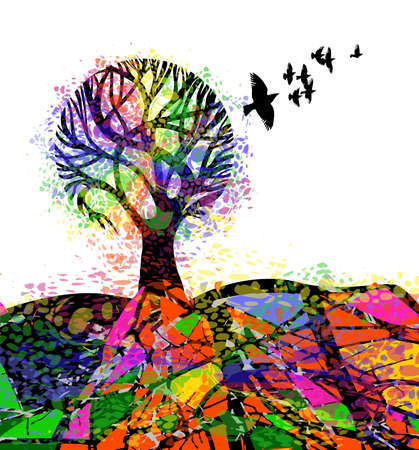 abstract multi-colored tree with flying birds. Vector illustrationのイラスト素材
