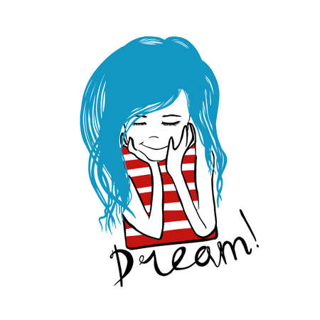 A girl with blue hair dreams. Vector illustrationのイラスト素材