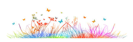 Silhouette of Rainbow grass. Flowers and butterflies on a multi-colored meadow. Vector illustrationのイラスト素材