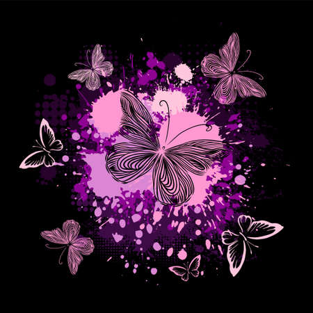Purple abstraction with butterflies and blots. Dark background. Vector illustrationのイラスト素材