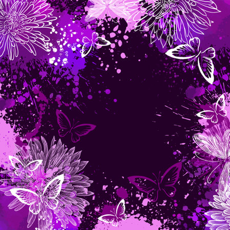 Purple abstraction with butterflies and blots. Grunge frame made of blots and butterflies. Dark background. Vector illustrationのイラスト素材