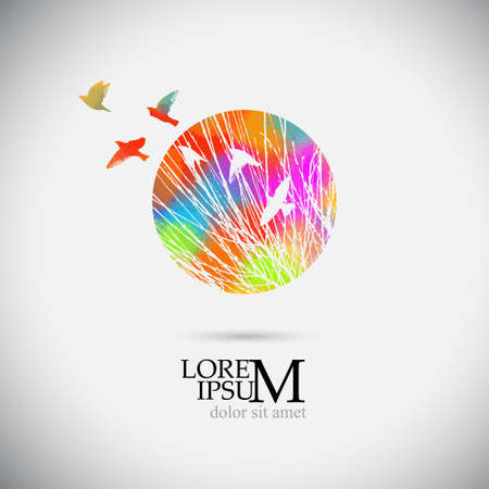 The logo of the multicolored branches of the tree circle with flying birds . Vector illustrationのイラスト素材